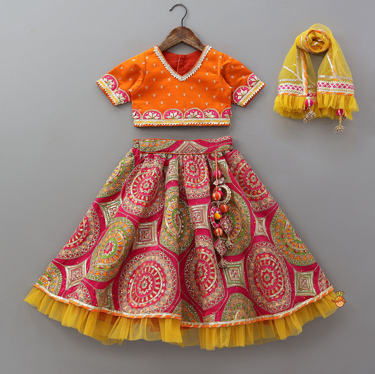 Pre Order: V Neck Gota Work Crop Top And Lehenga With  Contrasting Dupatta