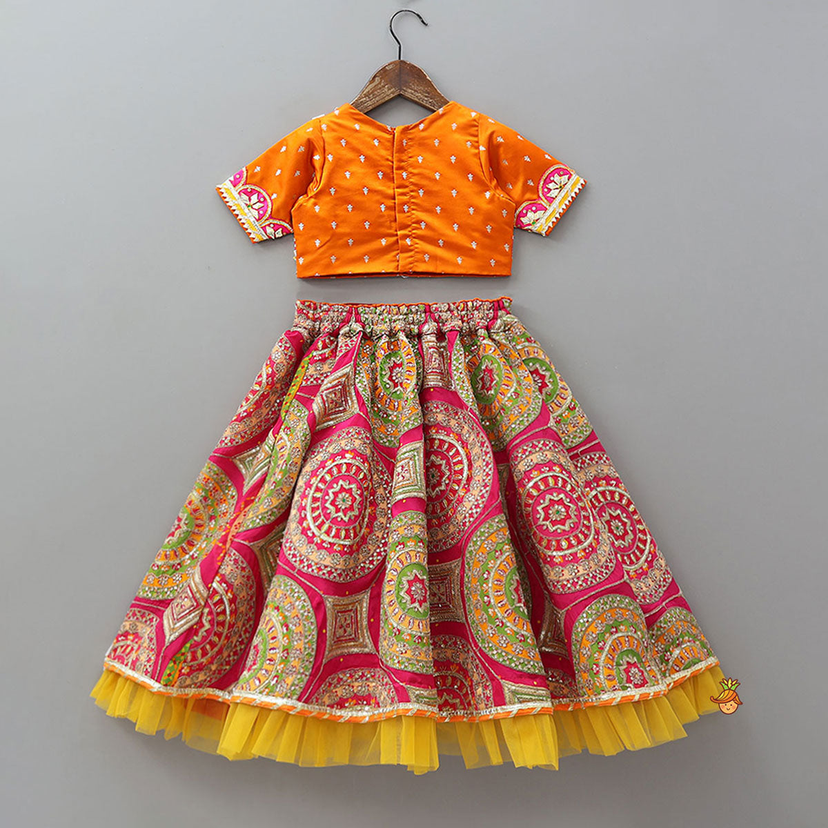 Pre Order: V Neck Gota Work Crop Top And Lehenga With  Contrasting Dupatta