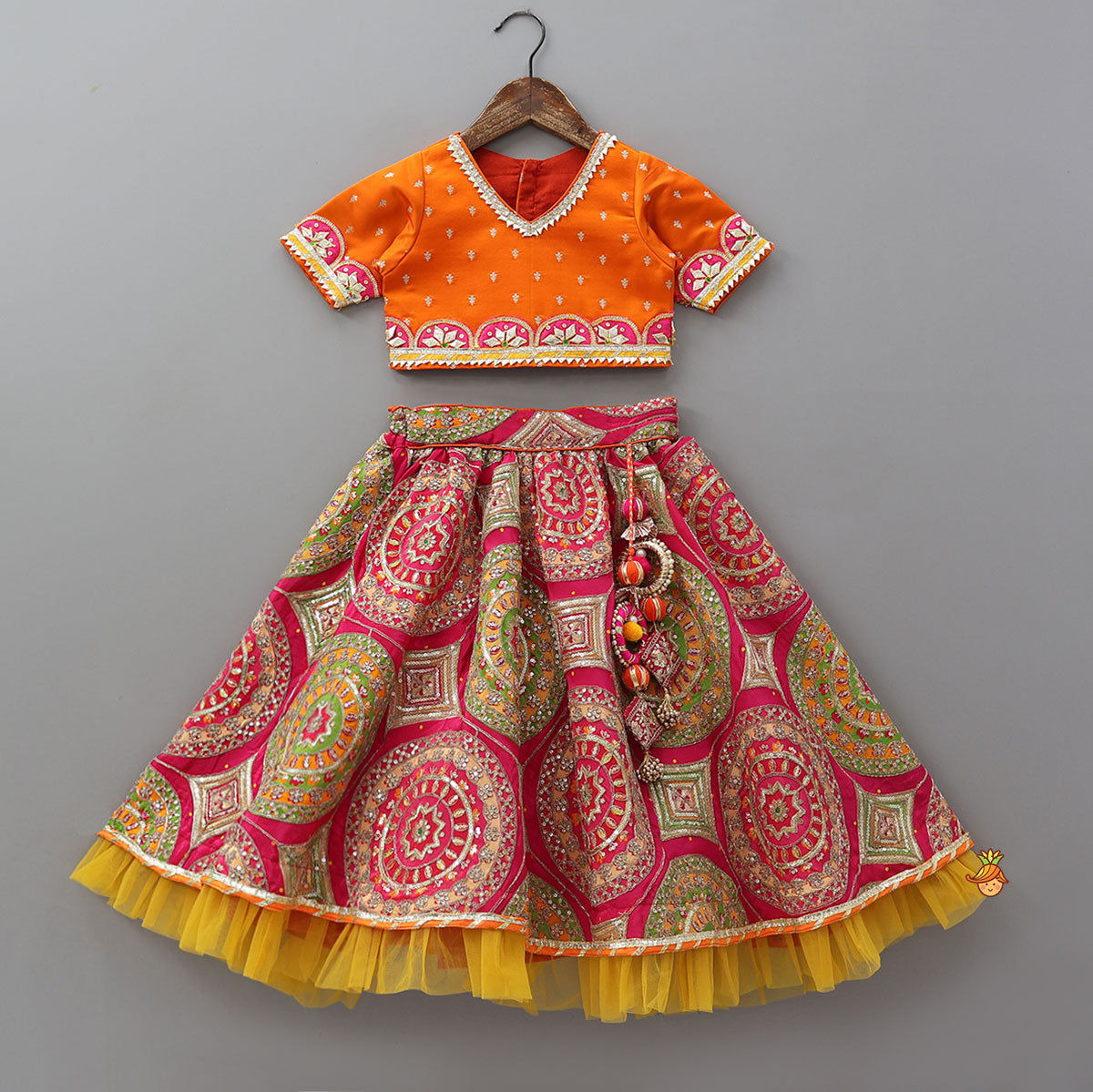 Pre Order: V Neck Gota Work Crop Top And Lehenga With  Contrasting Dupatta