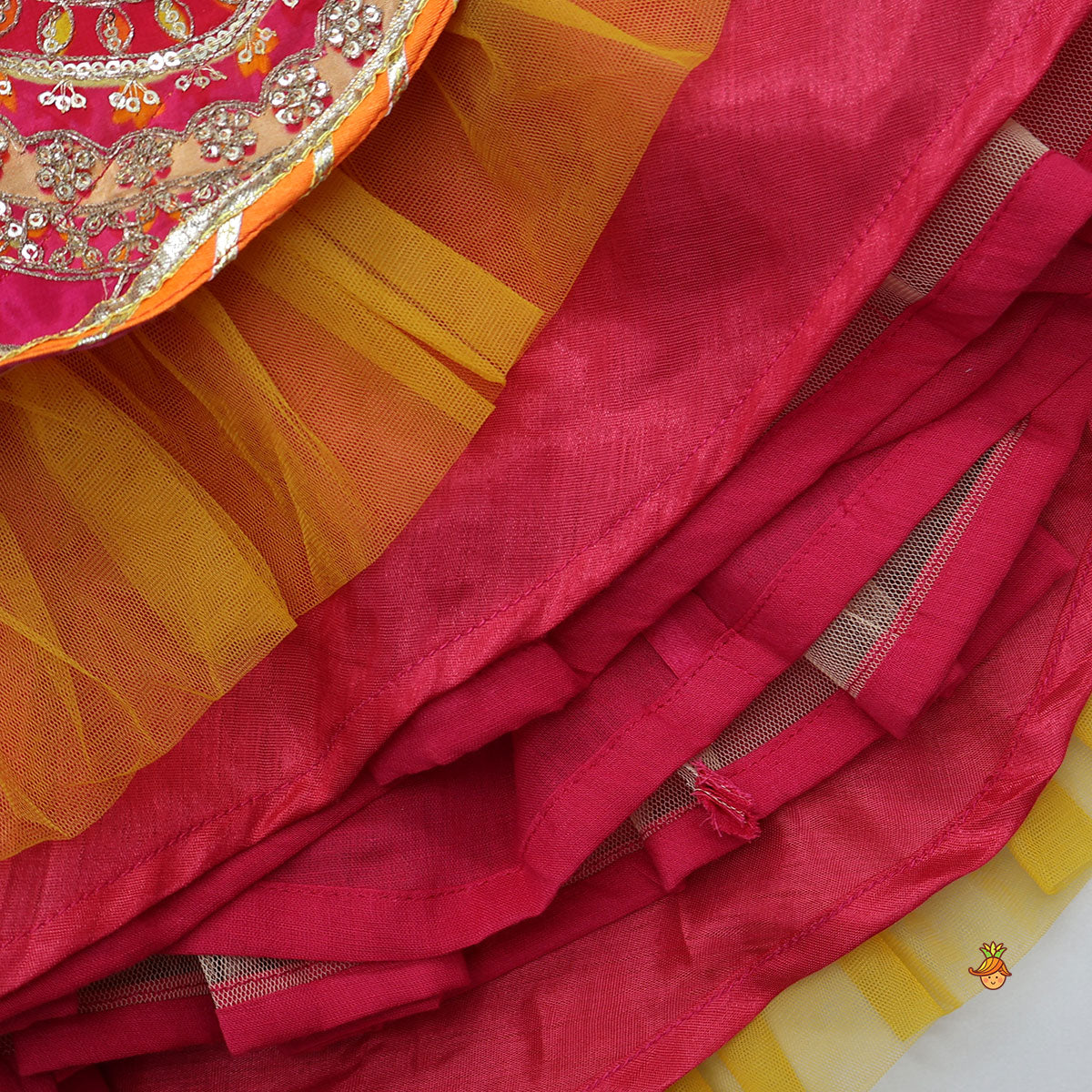 Pre Order: V Neck Gota Work Crop Top And Lehenga With  Contrasting Dupatta