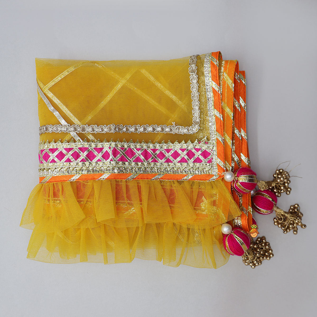 Pre Order: V Neck Gota Work Crop Top And Lehenga With  Contrasting Dupatta