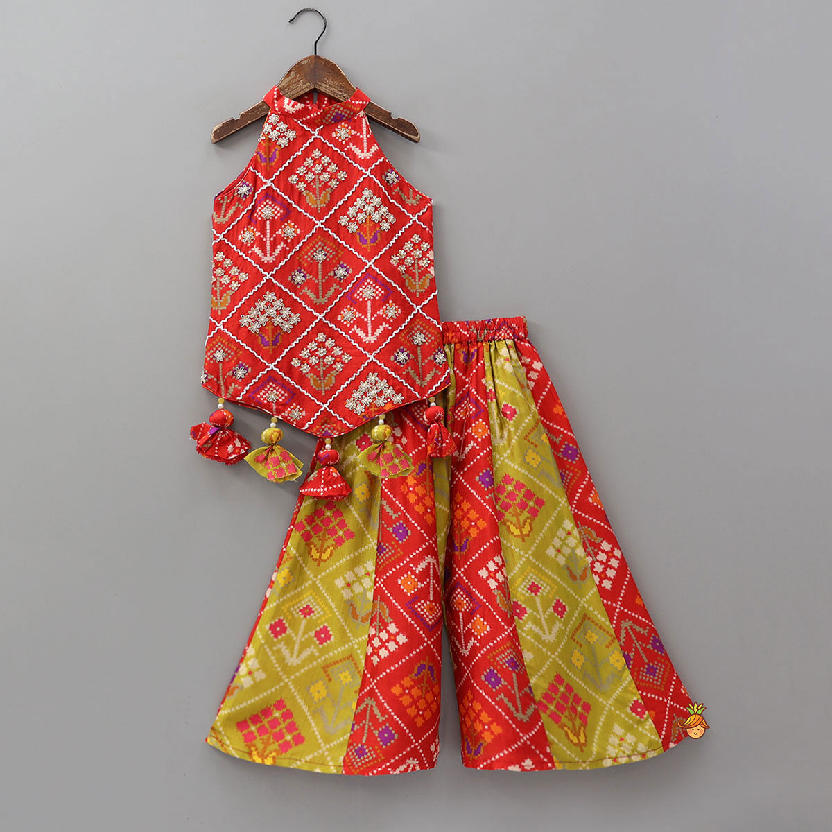 Pre Order: Charming Patola Inspired Embroidered Halter Top With Flared Palazzo
