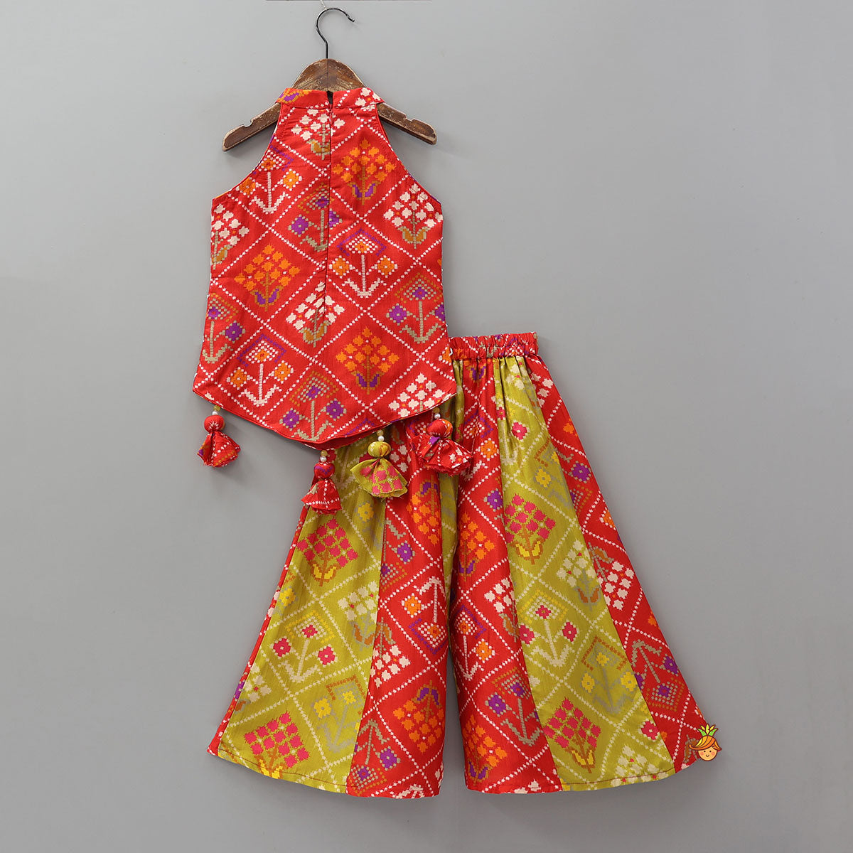 Pre Order: Charming Patola Inspired Embroidered Halter Top With Flared Palazzo