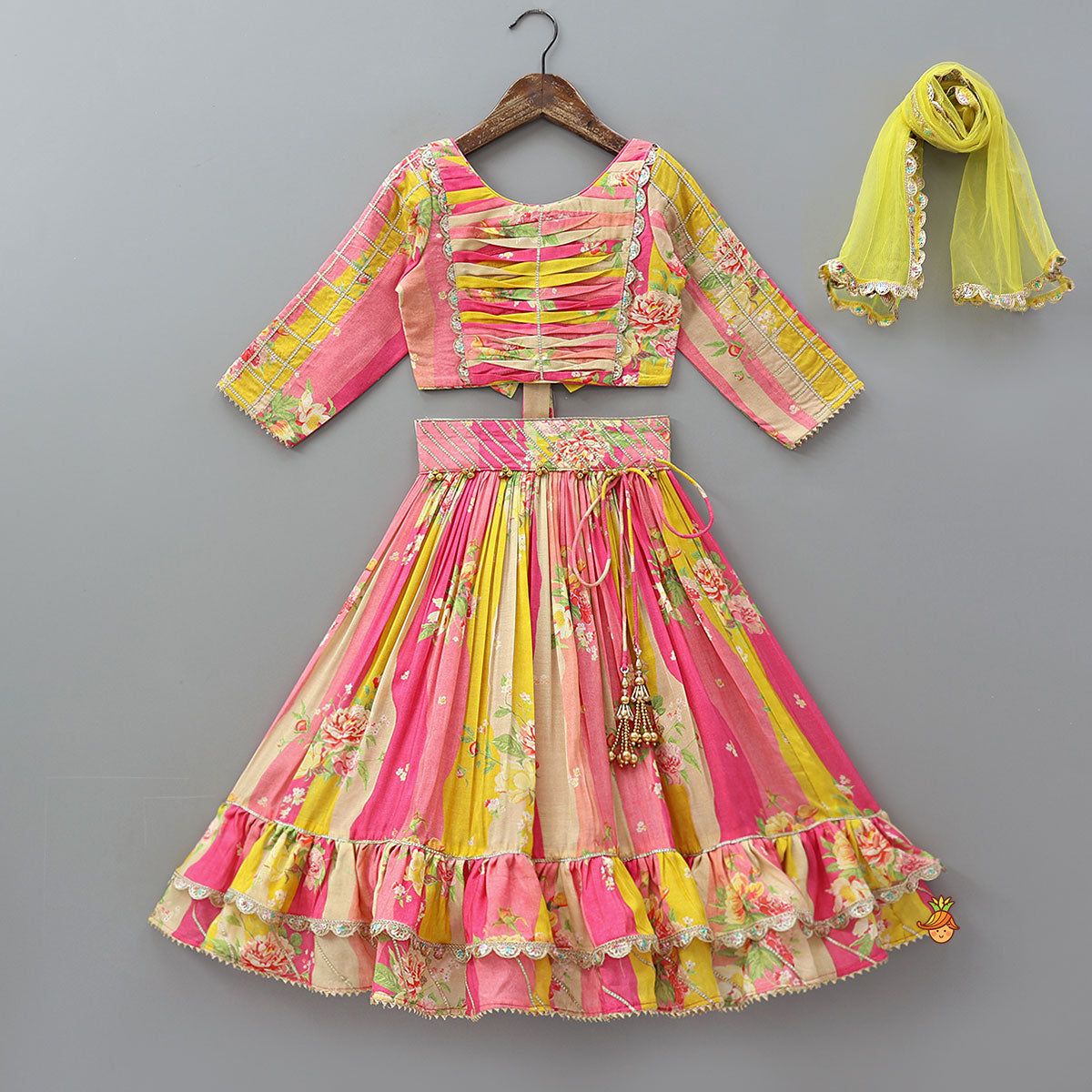 Pre Order: Pin Tuck Detailed Yoke Crop Top And Lehenga With Dupatta