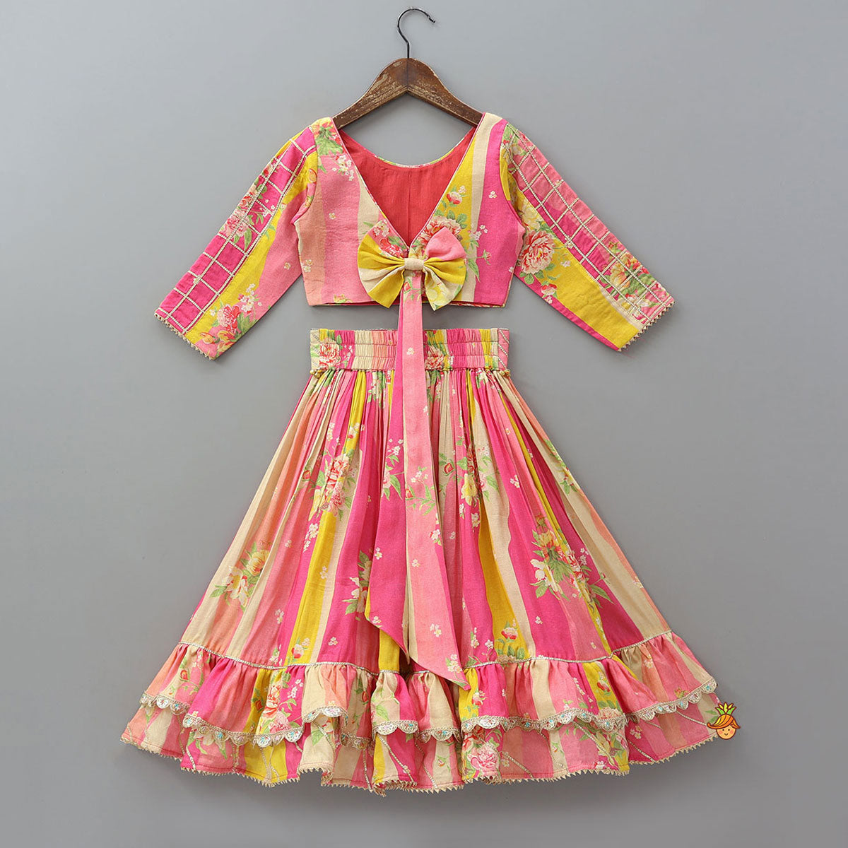 Pre Order: Pin Tuck Detailed Yoke Crop Top And Lehenga With Dupatta