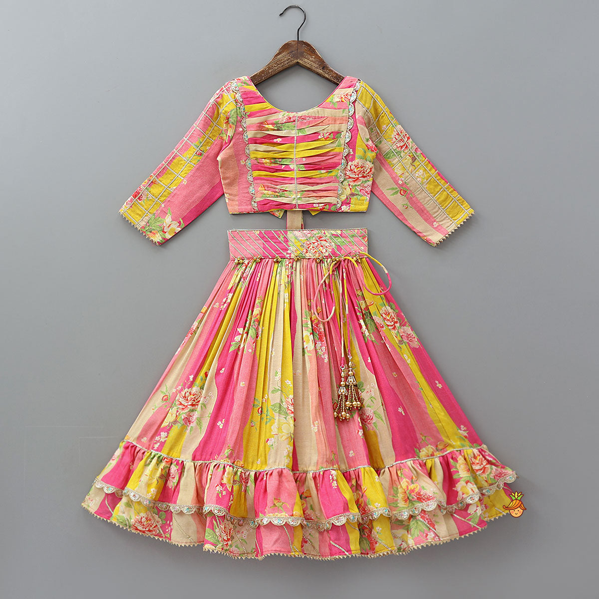 Pre Order: Pin Tuck Detailed Yoke Crop Top And Lehenga With Dupatta