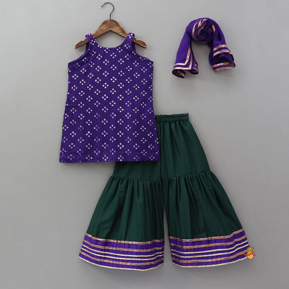 Pre Order: Festive Faux Mirror Work Kurti And Sharara With Dupatta