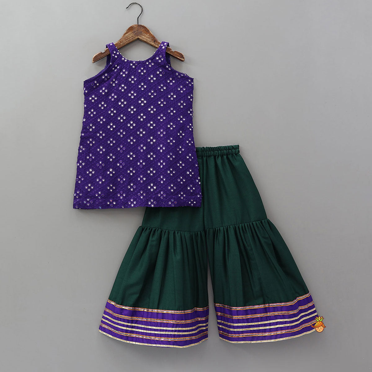 Pre Order: Festive Faux Mirror Work Kurti And Sharara With Dupatta