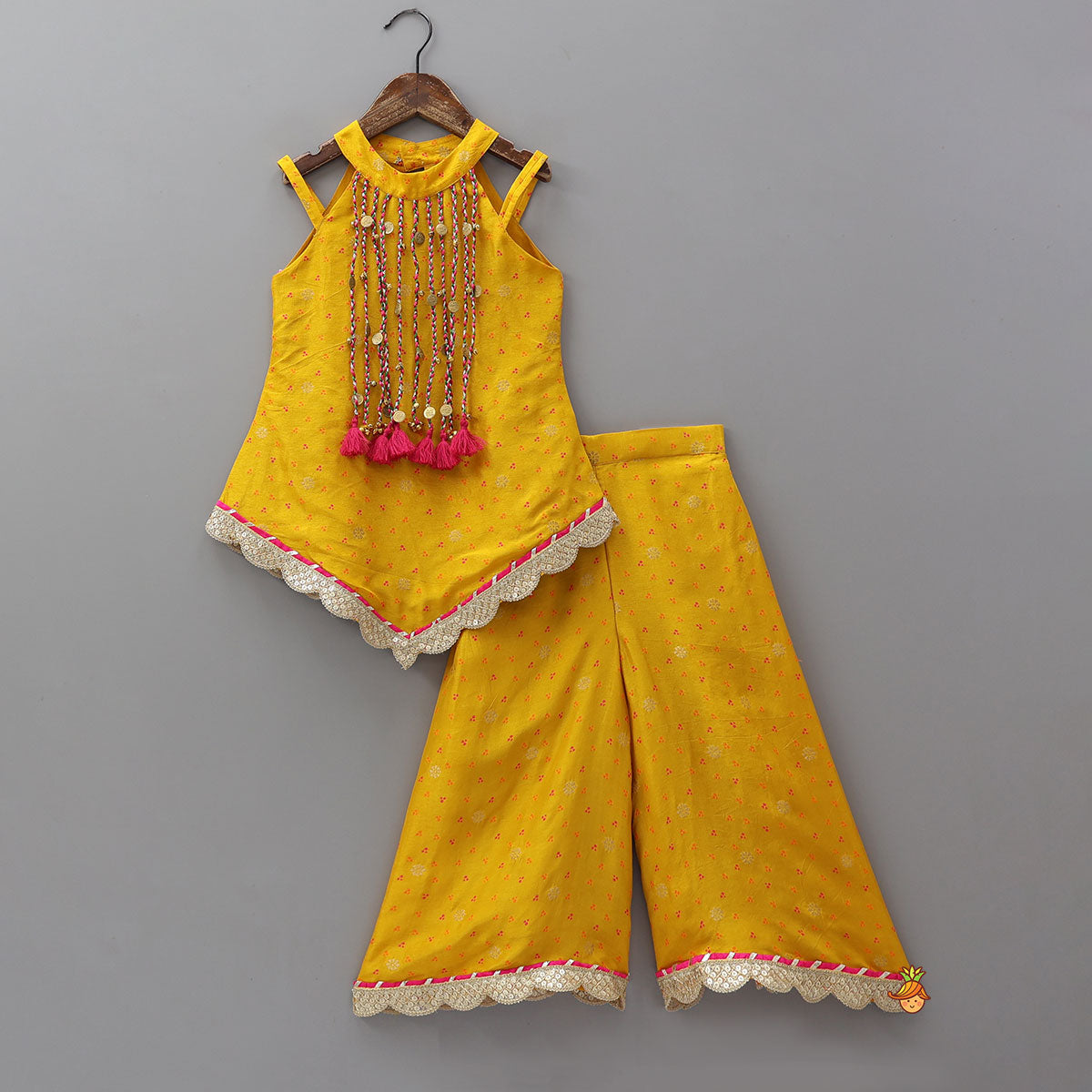 Pre Order: Stylish Kurti And Palazzo With Hanging Fringe Tassel Detail