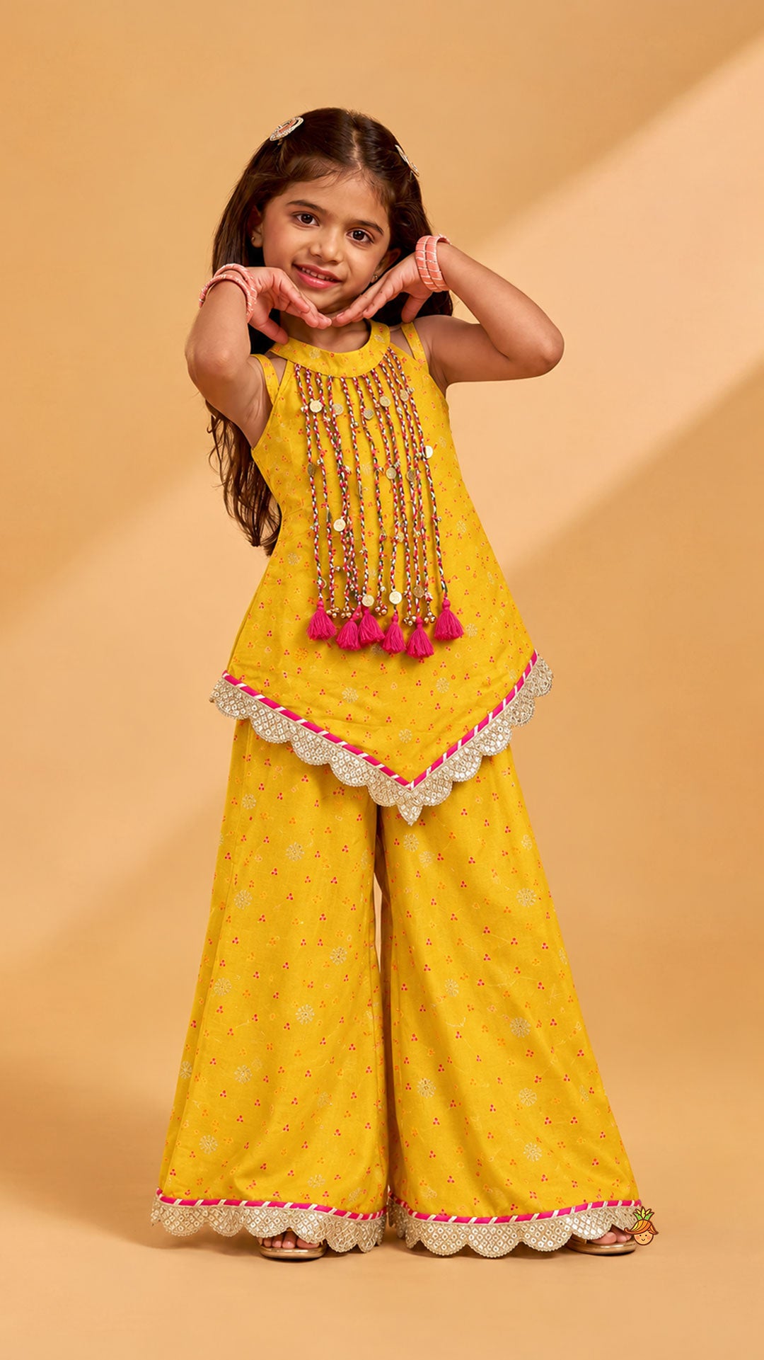 Pre Order: Stylish Kurti And Palazzo With Hanging Fringe Tassel Detail