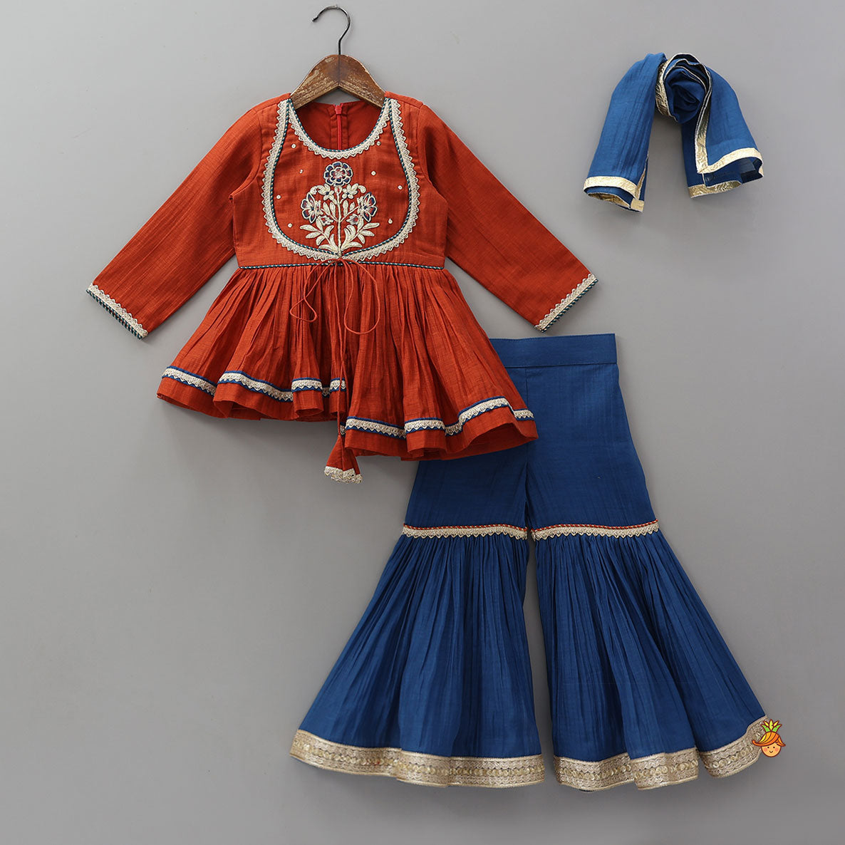 Pre Order: Yoke Embroidered Kurti And Sharara With Dupatta