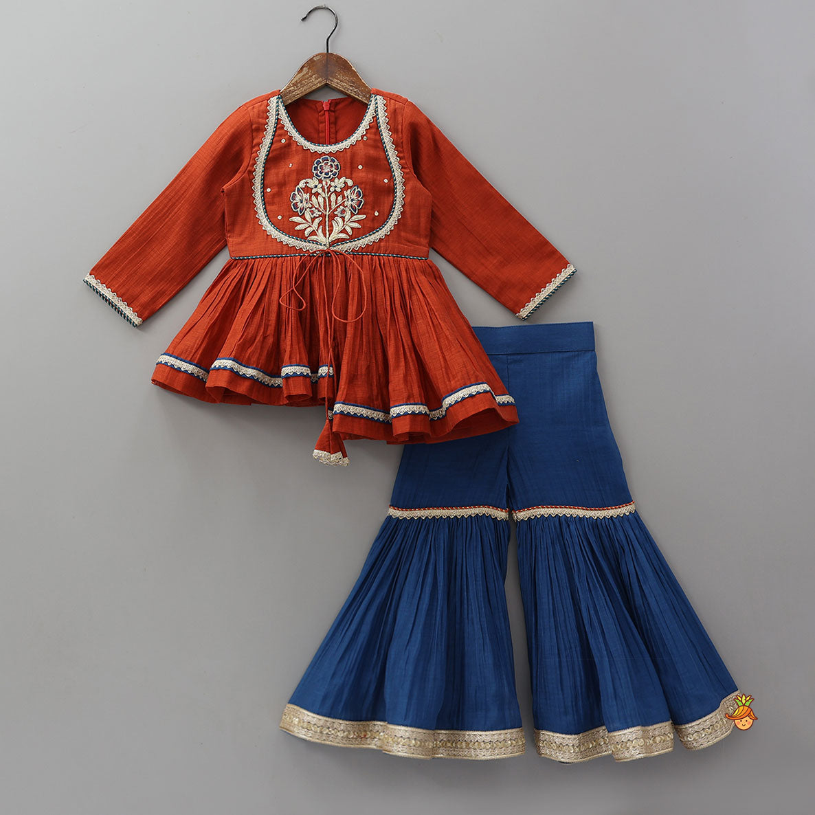 Pre Order: Yoke Embroidered Kurti And Sharara With Dupatta
