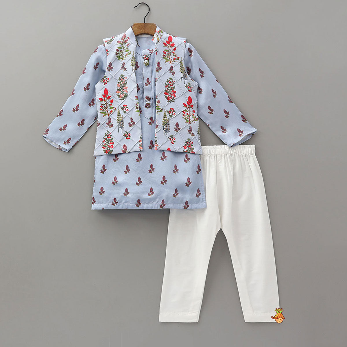 Pre Order: Floral Printed Kurta With Checks Open Jacket And Pyjama