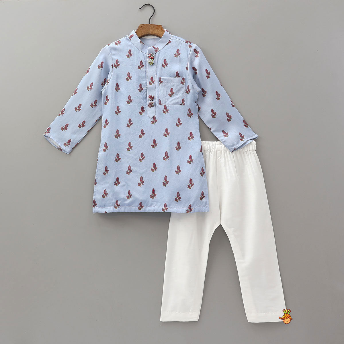 Pre Order: Floral Printed Kurta With Checks Open Jacket And Pyjama