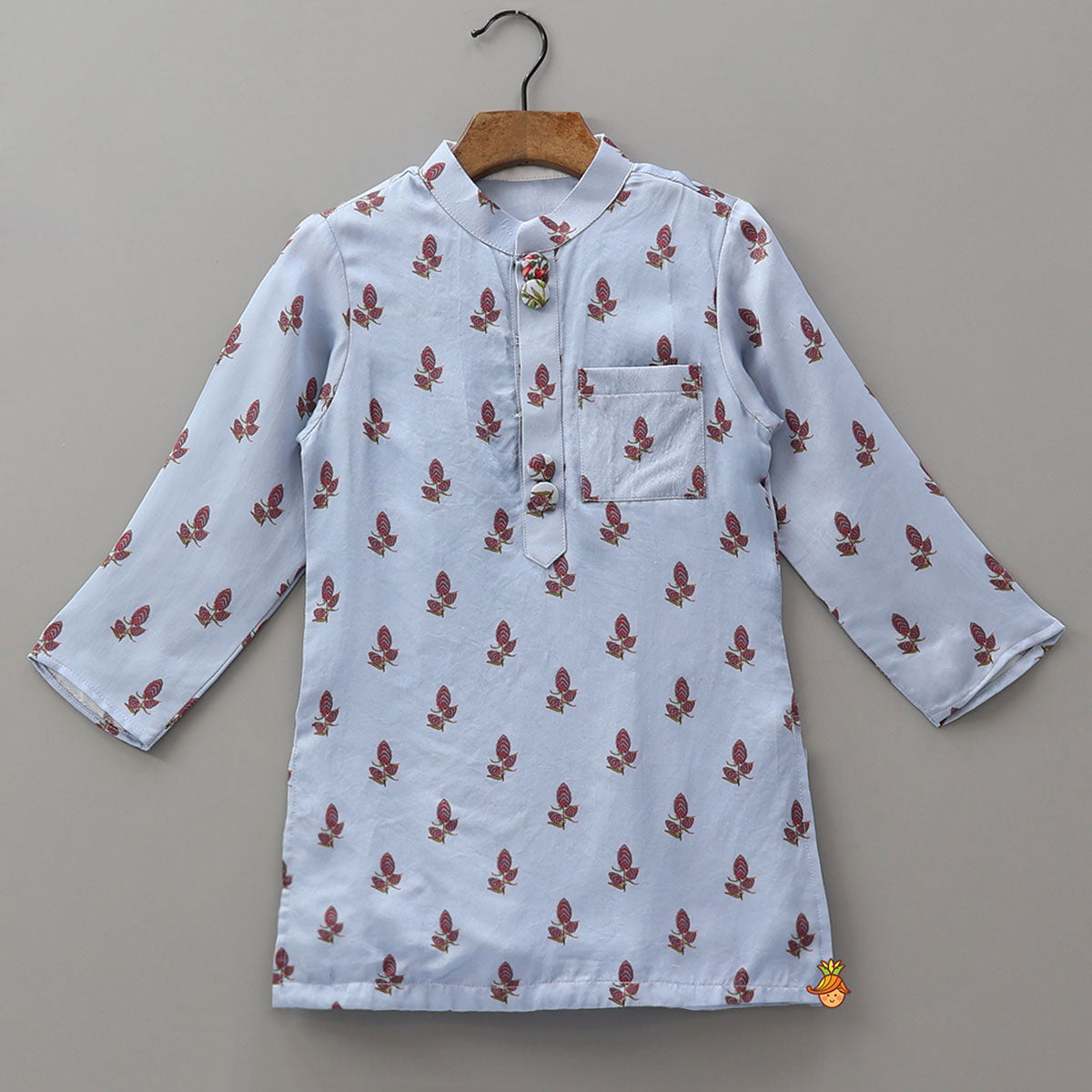 Pre Order: Floral Printed Kurta With Checks Open Jacket And Pyjama