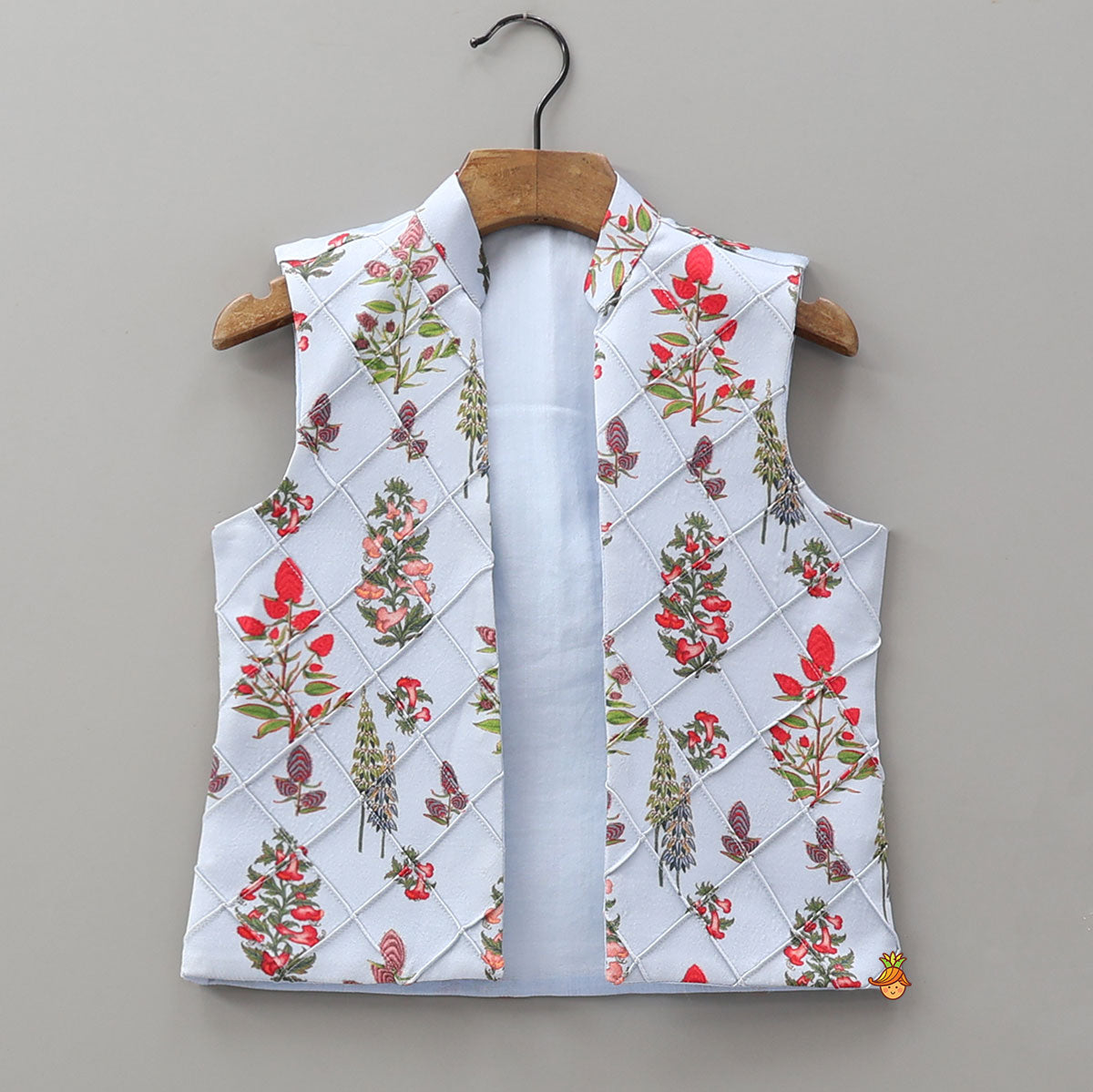 Pre Order: Floral Printed Kurta With Checks Open Jacket And Pyjama