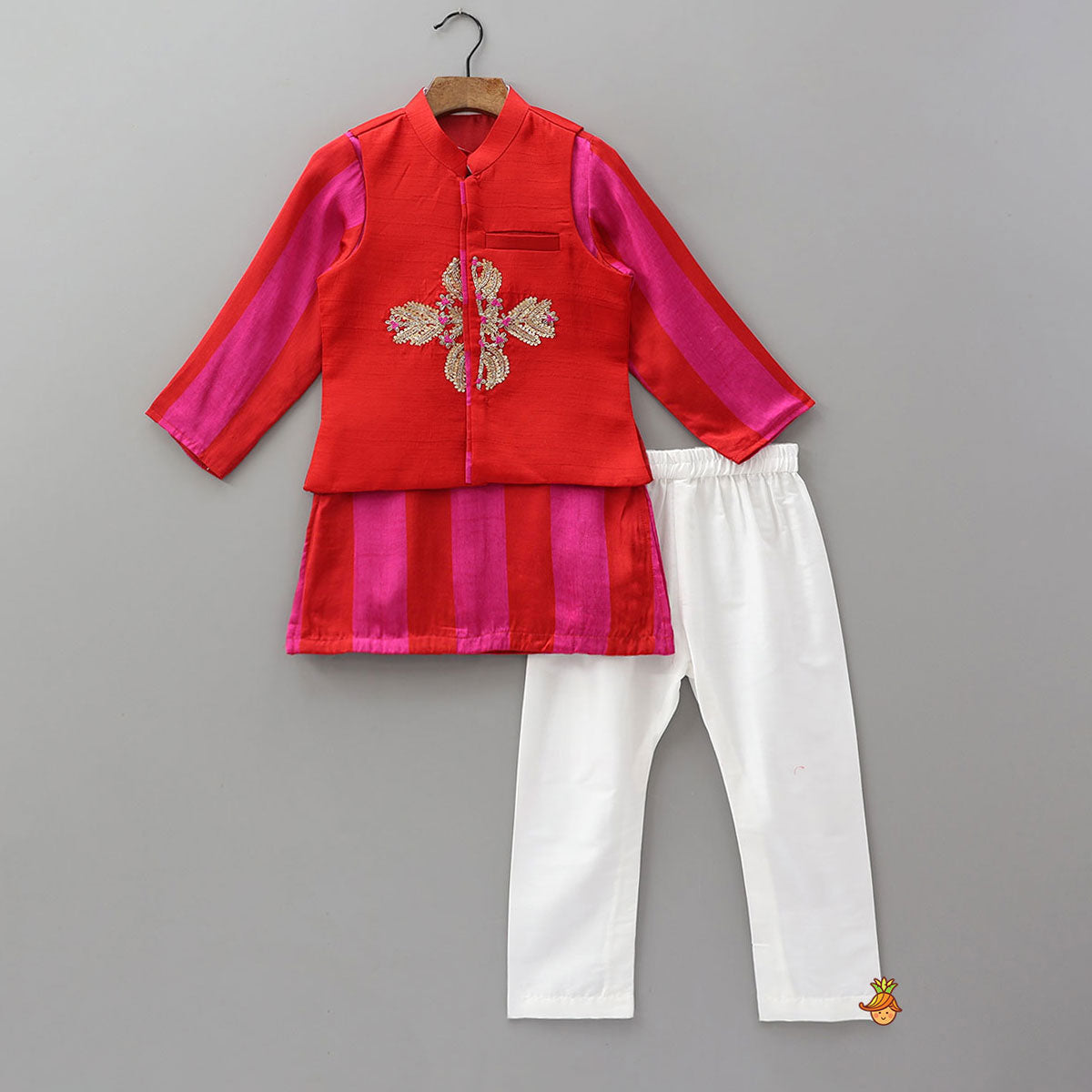 Pre Order: Beautiful Striped Kurta With Embroidered Jacket And Pyjama