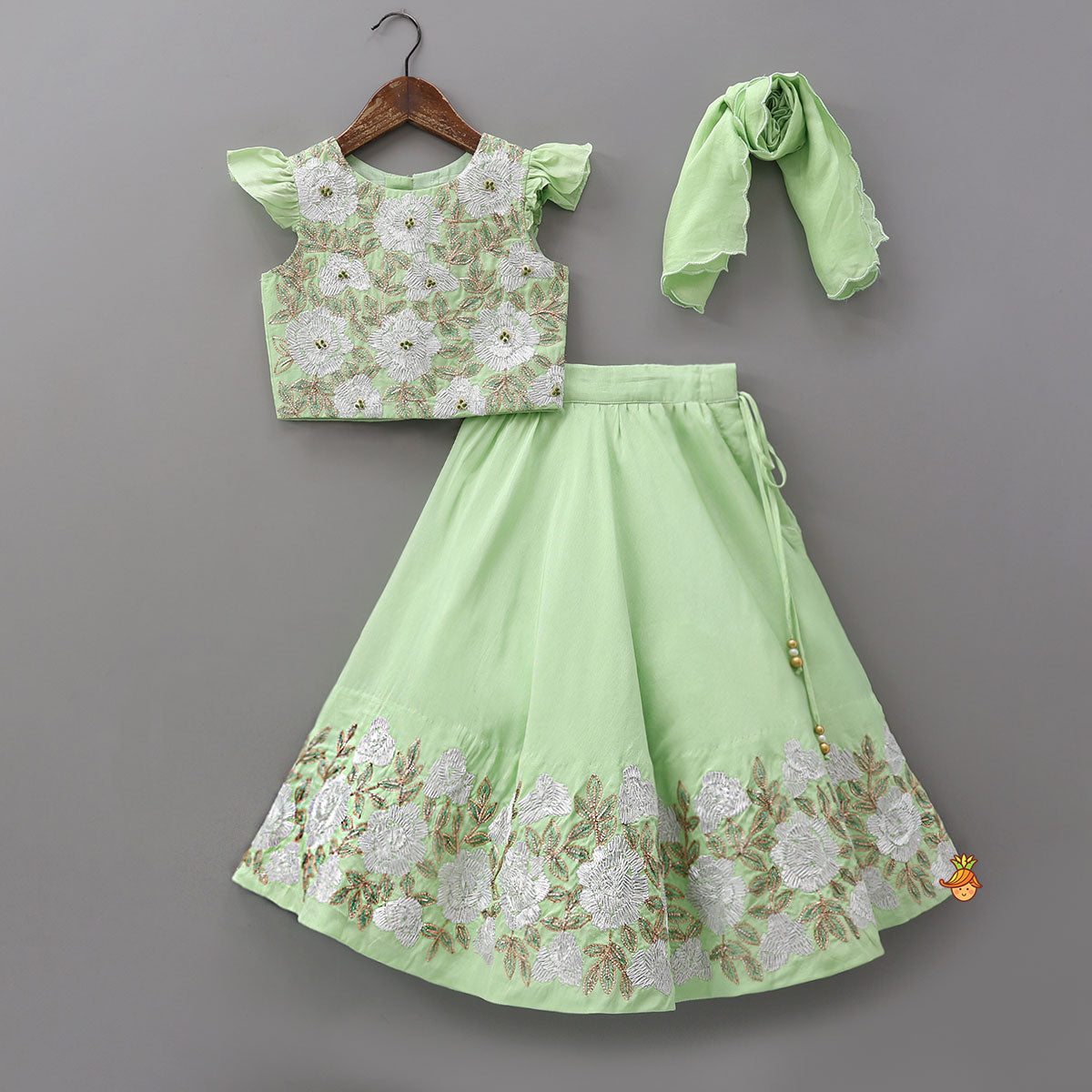 Pre Order: Gota Floral Work Top And Flared Lehenga With Scalloped Dupatta