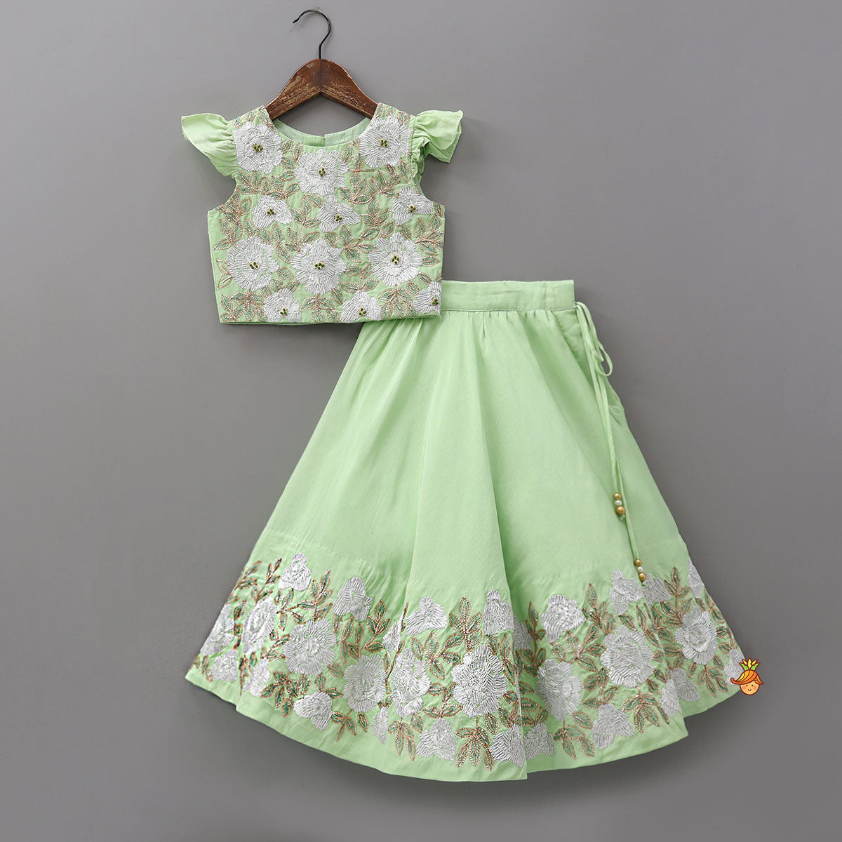 Pre Order: Gota Floral Work Top And Flared Lehenga With Scalloped Dupatta