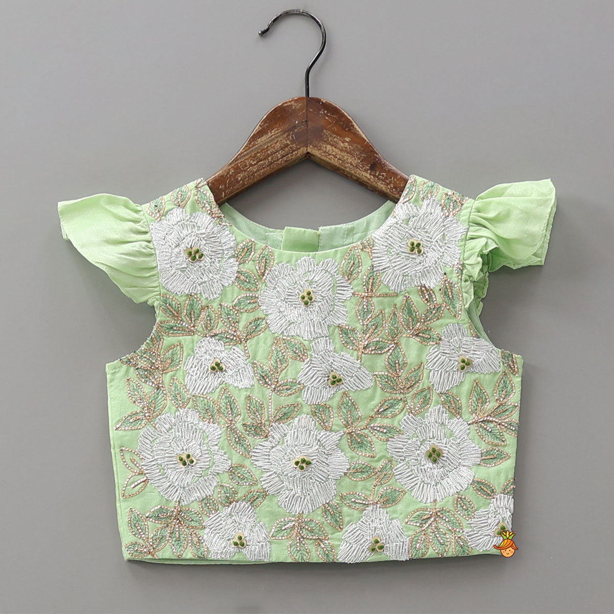 Pre Order: Gota Floral Work Top And Flared Lehenga With Scalloped Dupatta