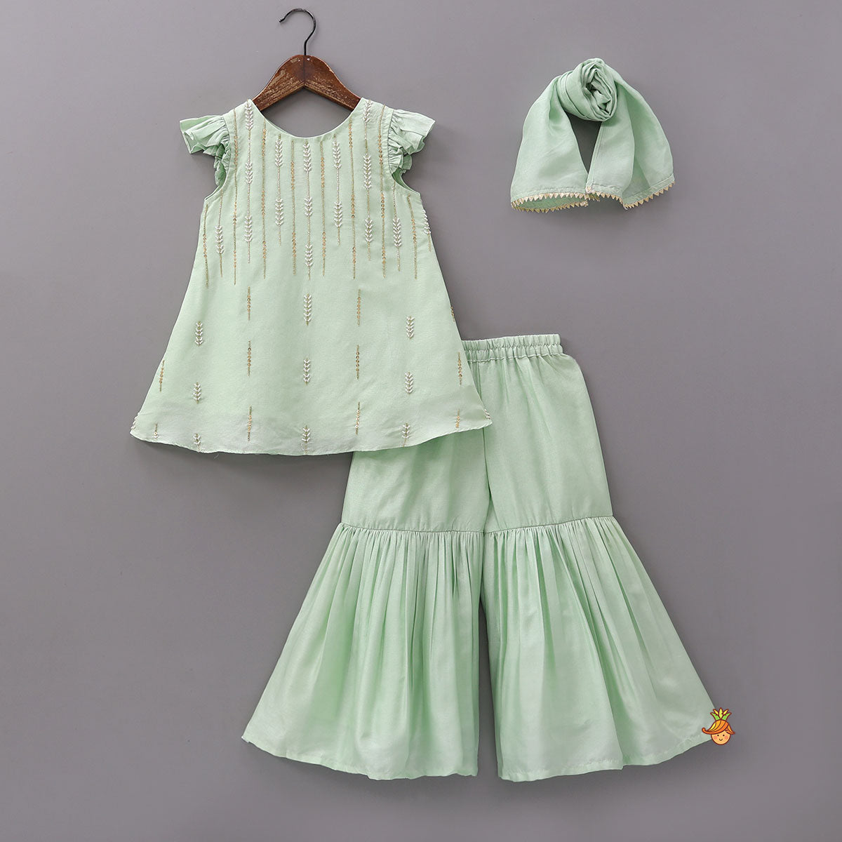Pre Order: Ruffle Detail Kurti And Sharara With Coordinated Dupatta