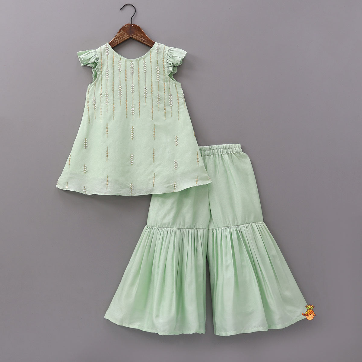 Pre Order: Ruffle Detail Kurti And Sharara With Coordinated Dupatta