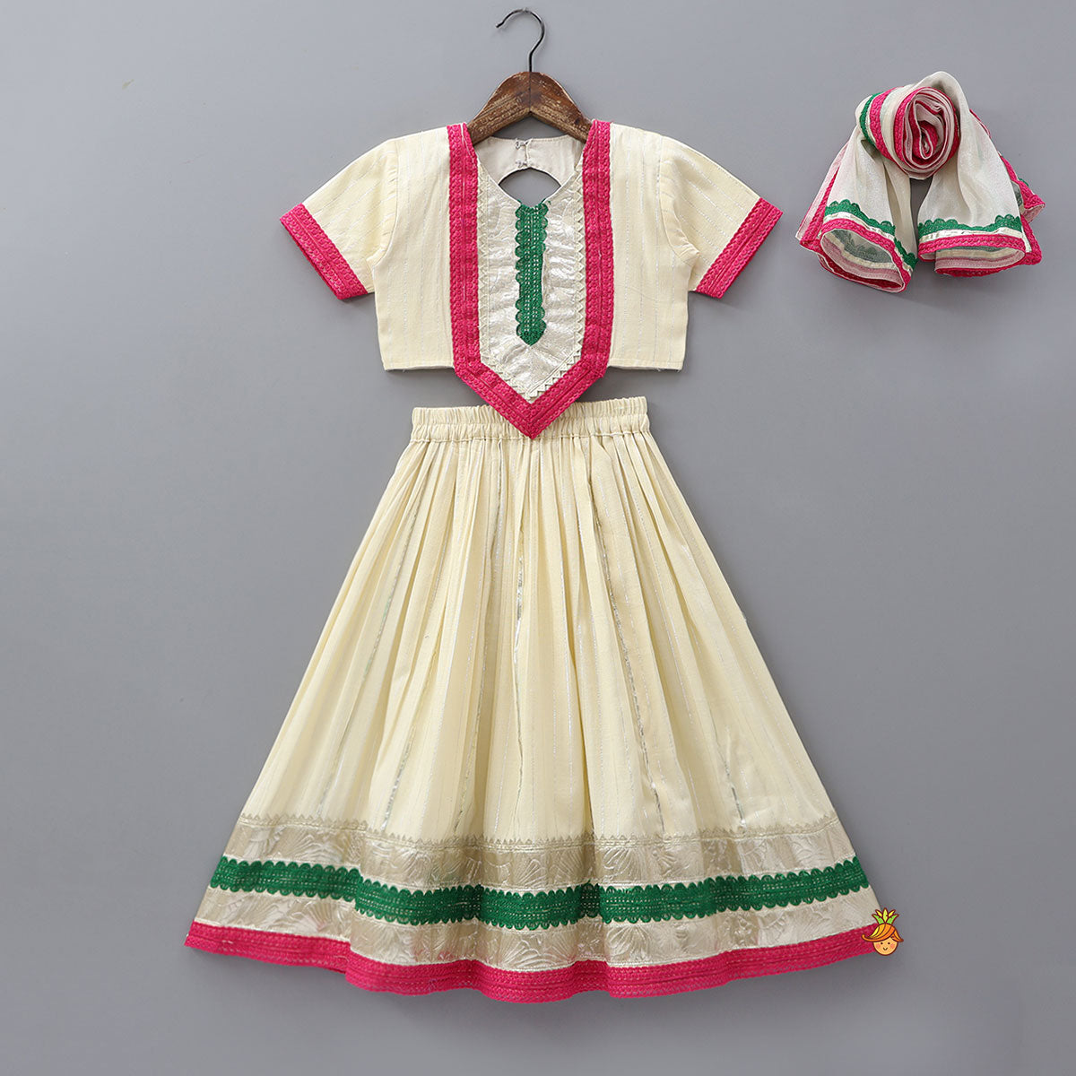 Pre Order: Lurex Striped Crop Top And Lehenga With Matching Shiny Dupatta