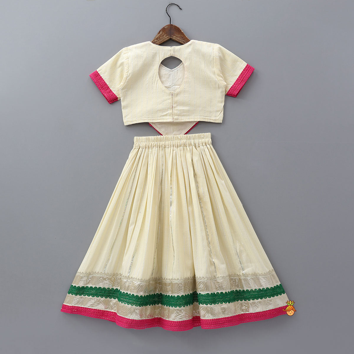 Pre Order: Lurex Striped Crop Top And Lehenga With Matching Shiny Dupatta