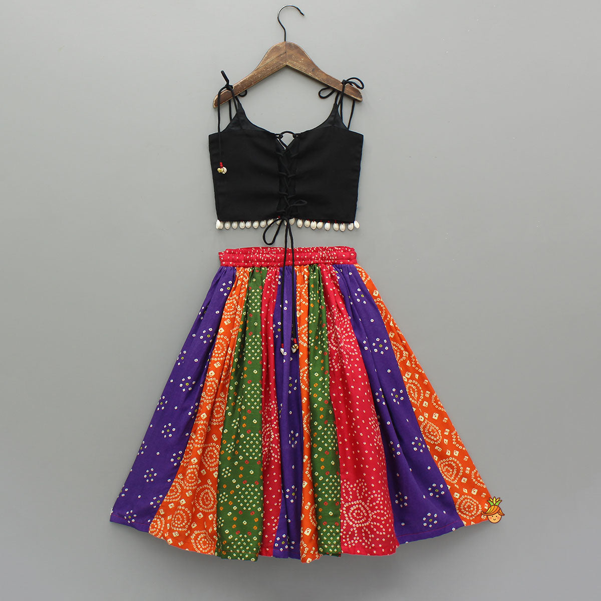 Pre Order: Beautiful Mirror Hand Embroidered Tie-Up Crop Top With Bandhani Printed Lehenga And Bandana