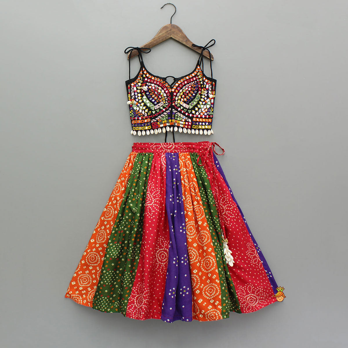 Pre Order: Beautiful Mirror Hand Embroidered Tie-Up Crop Top With Bandhani Printed Lehenga And Bandana