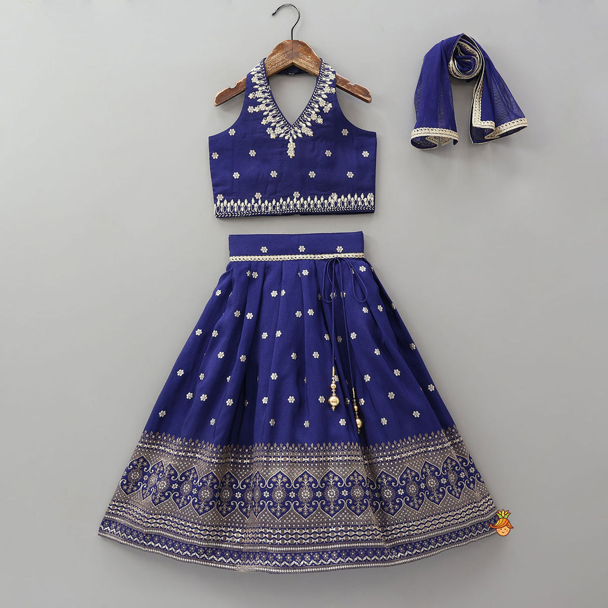 Pre Order: Floral Motif Embellished Crop Top And Lehenga With Dupatta