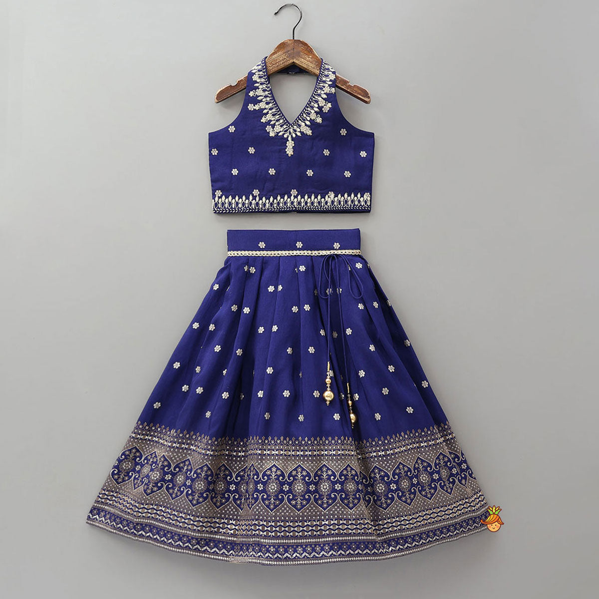 Pre Order: Floral Motif Embellished Crop Top And Lehenga With Dupatta
