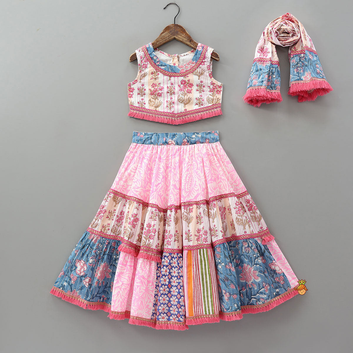 Pre Order: Hand Block Printed Cotton Crop Top And Lehenga With Dupatta