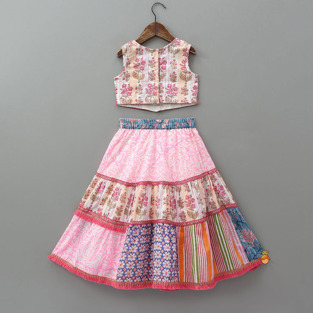 Pre Order: Hand Block Printed Cotton Crop Top And Lehenga With Dupatta