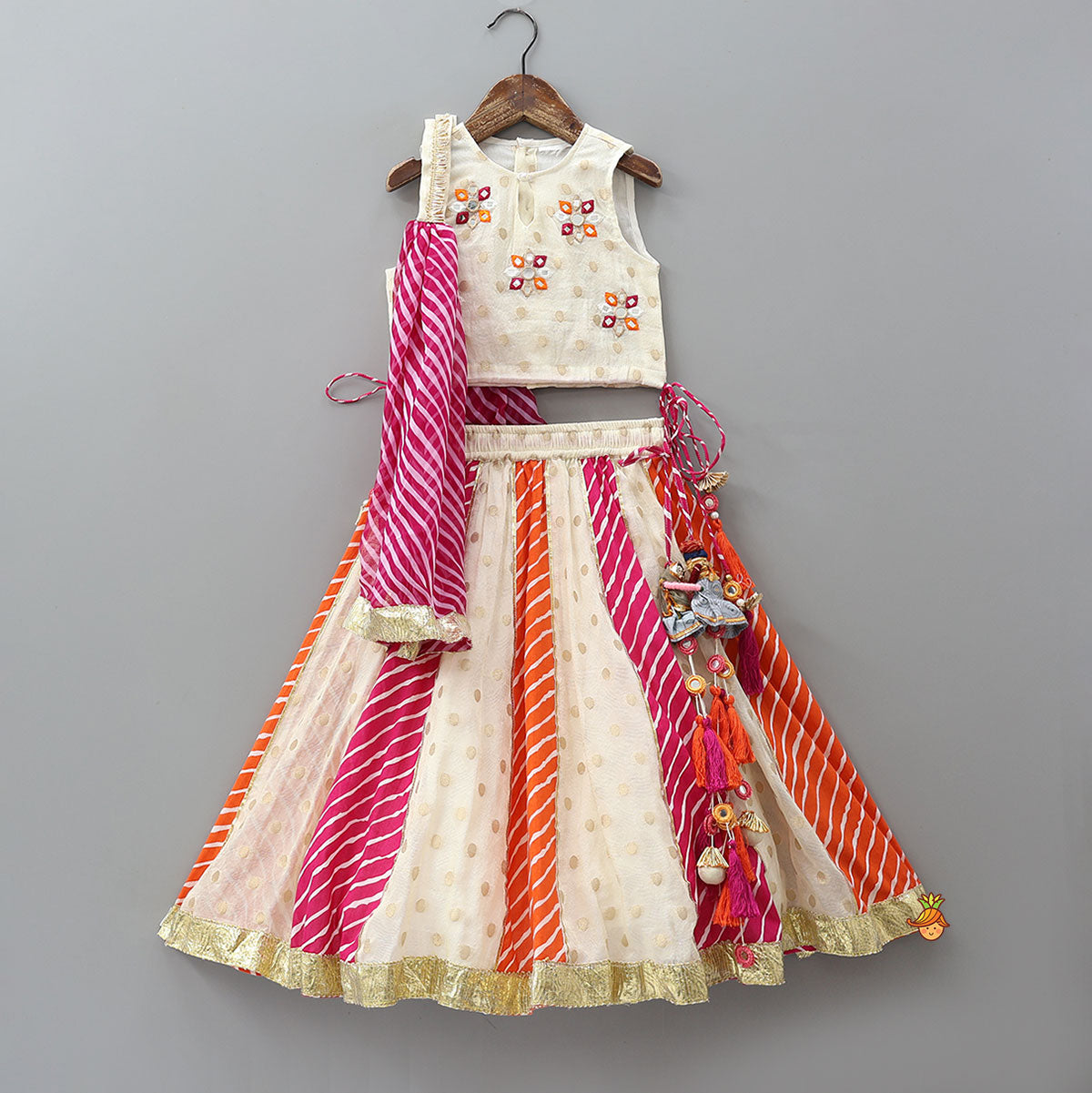 Pre Order: Mirror Work Crop Top And Leheriya Printed Lehenga With Stylish Dupatta