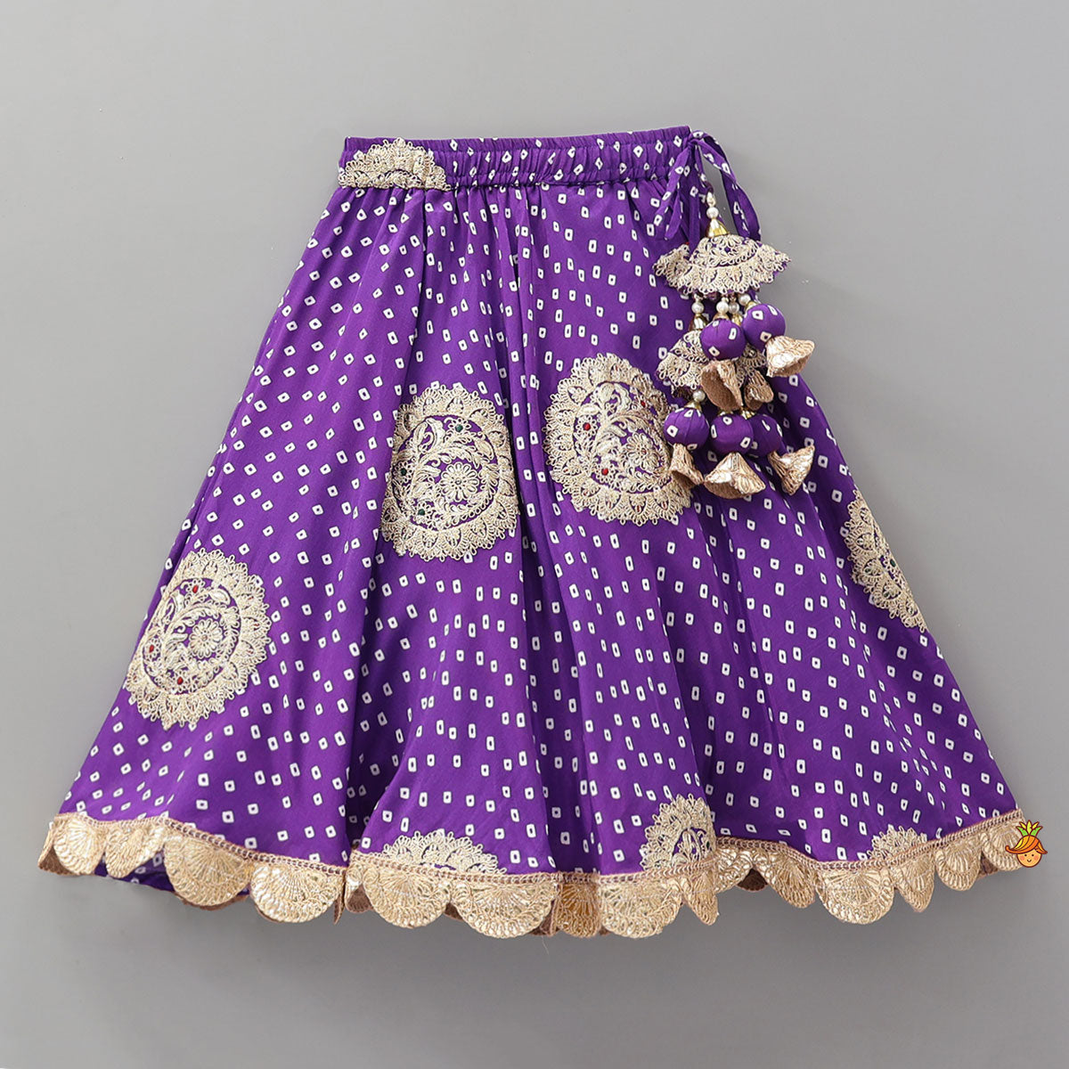 Pre Order: Bandhani Printed Crop Top And Embroidered Lehenga With Dupatta And Potli Bag
