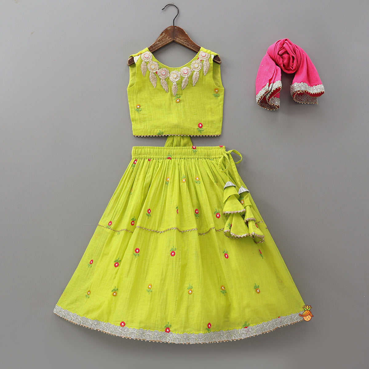 Pre Order: Floral Gota Work Round Neck Crop Top And Lehenga With Contrasting Dupatta