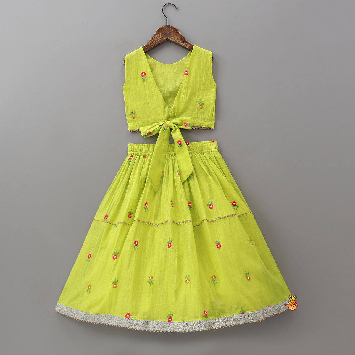 Pre Order: Floral Gota Work Round Neck Crop Top And Lehenga With Contrasting Dupatta