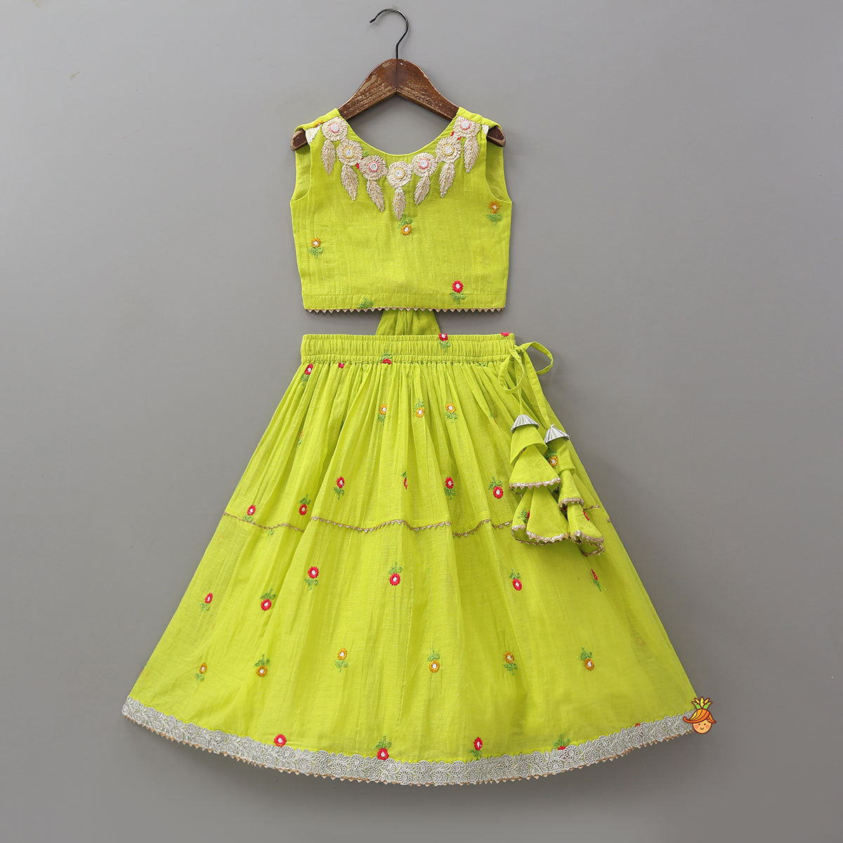Pre Order: Floral Gota Work Round Neck Crop Top And Lehenga With Contrasting Dupatta