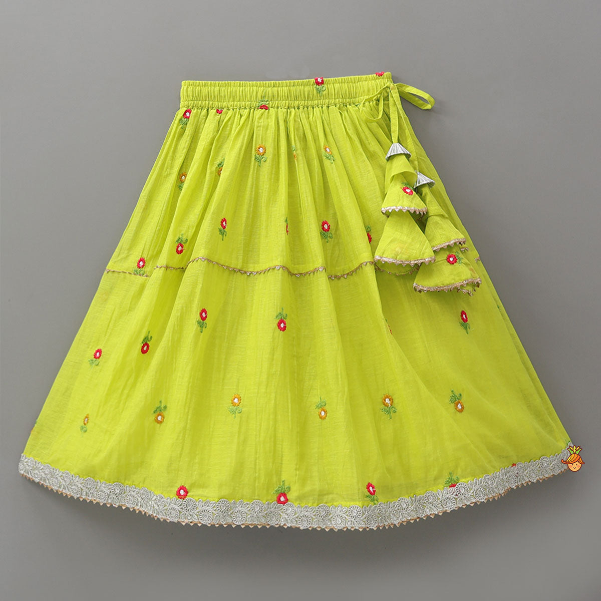 Pre Order: Floral Gota Work Round Neck Crop Top And Lehenga With Contrasting Dupatta
