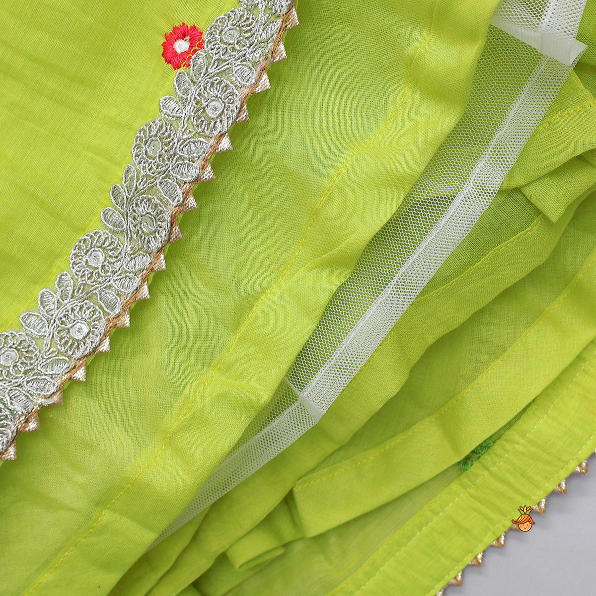Pre Order: Floral Gota Work Round Neck Crop Top And Lehenga With Contrasting Dupatta