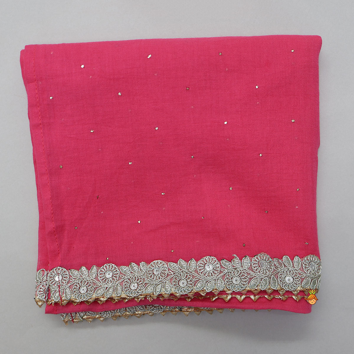 Pre Order: Floral Gota Work Round Neck Crop Top And Lehenga With Contrasting Dupatta