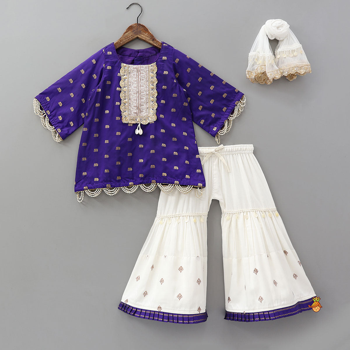 Pre Order: Lace Detailed Yoke Kurti And Sharara With Dupatta