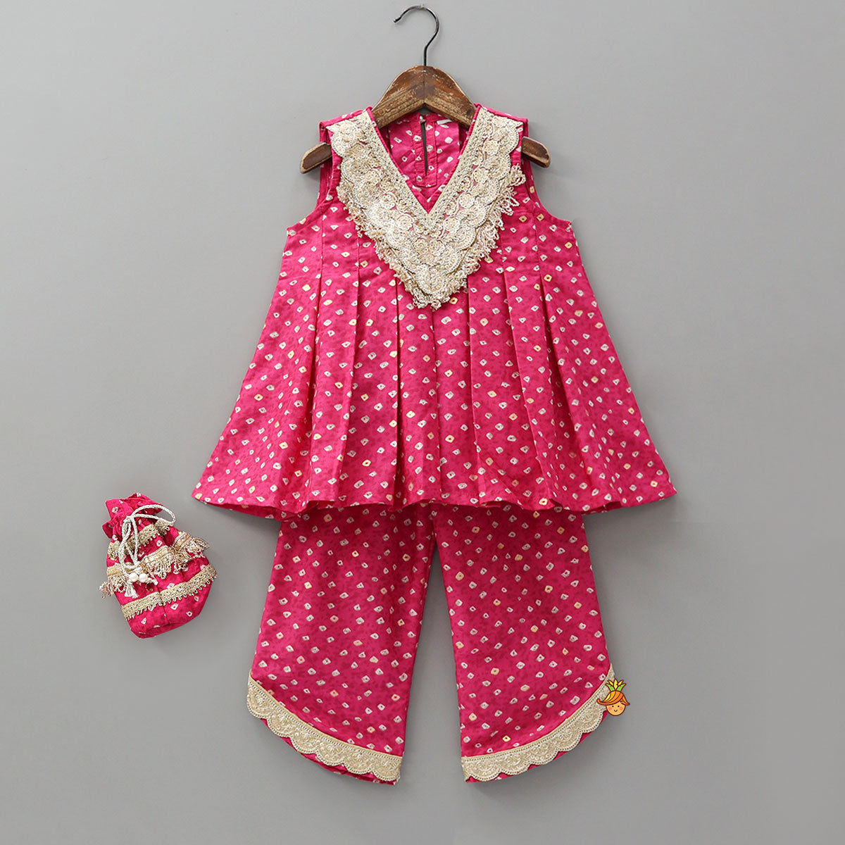 Pre Order: Box Pleated Bandhani Printed Kurti And Stylish Pant With Potli Bag