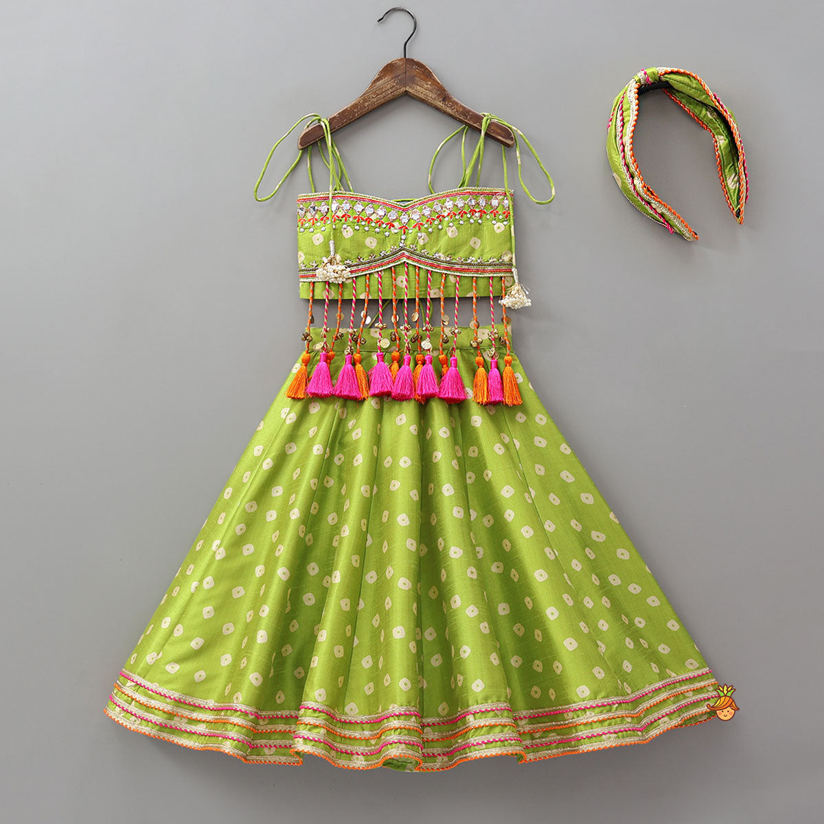Pre Order: Festive Fringe Tassel Crop Top And Lehenga With Hair Band