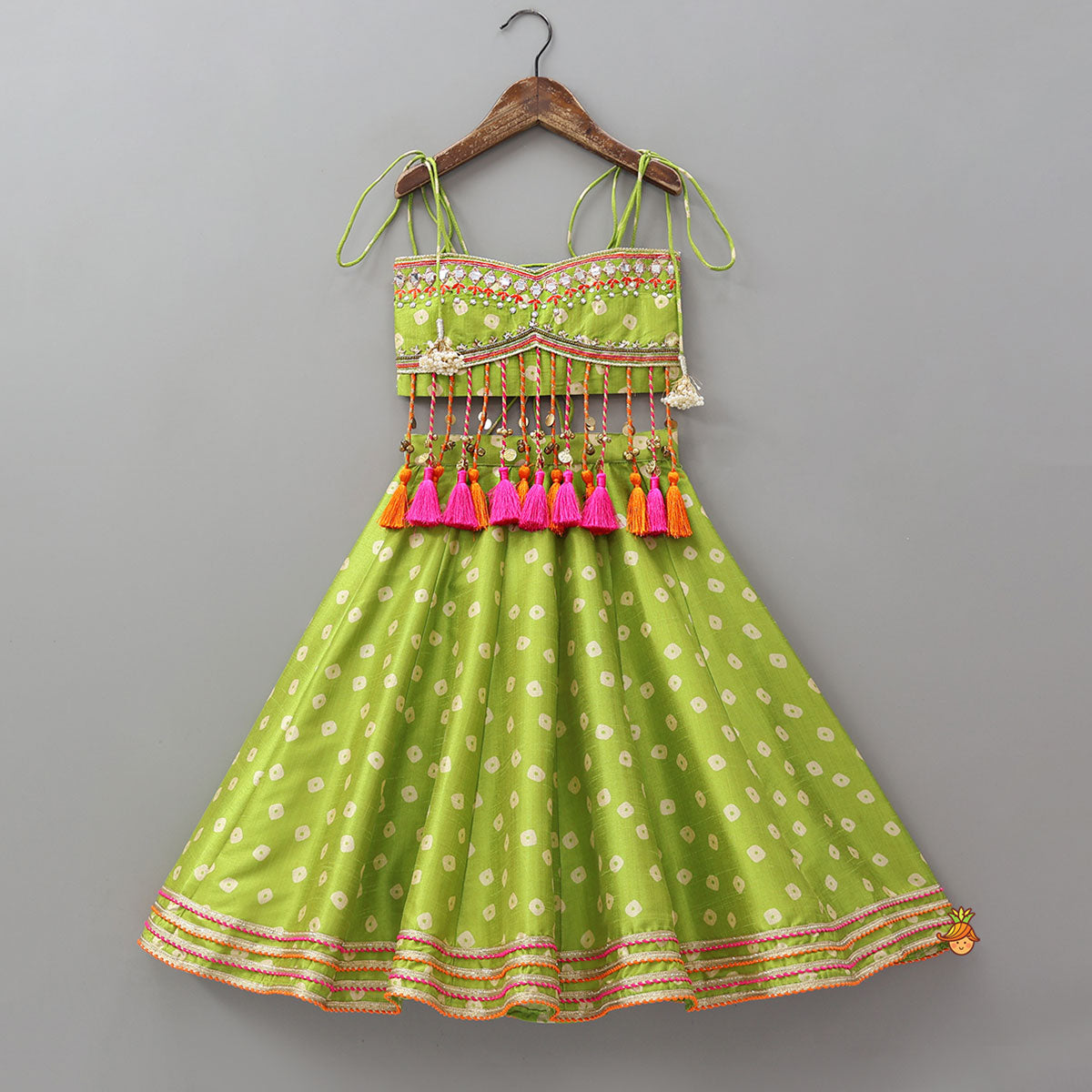 Pre Order: Festive Fringe Tassel Crop Top And Lehenga With Hair Band