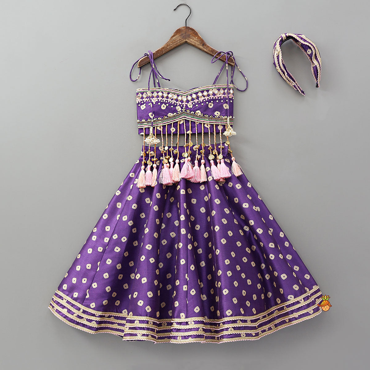 Pre Order: Festive Fringe Tassel Crop Top And Lehenga With Matching Hair Band