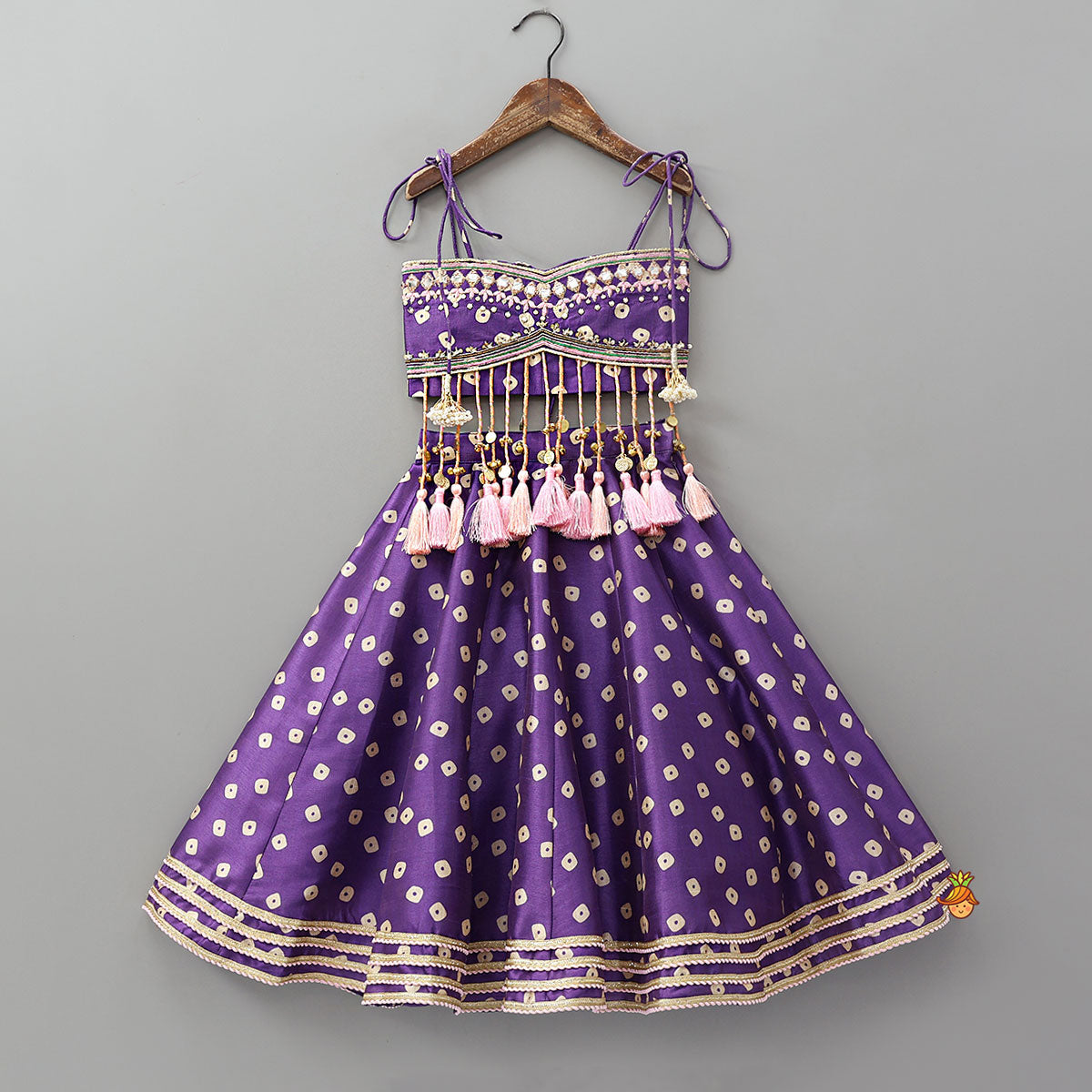 Pre Order: Festive Fringe Tassel Crop Top And Lehenga With Matching Hair Band