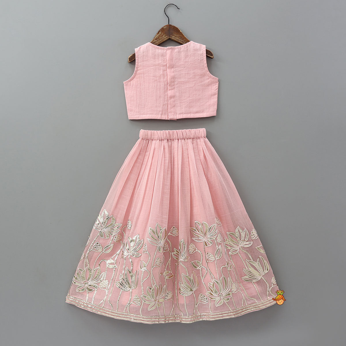 Pre Order: Round Neck Crop Top And Floral Work Lehenga