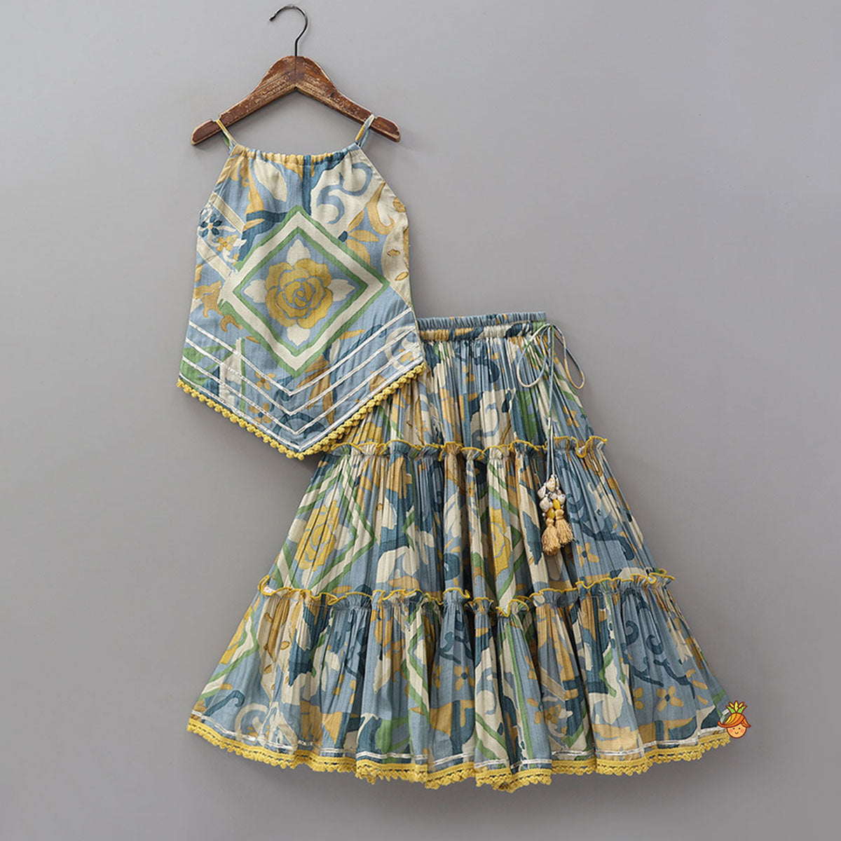 Pre Order: Asymmetric Printed Strappy Kurti And Lehenga